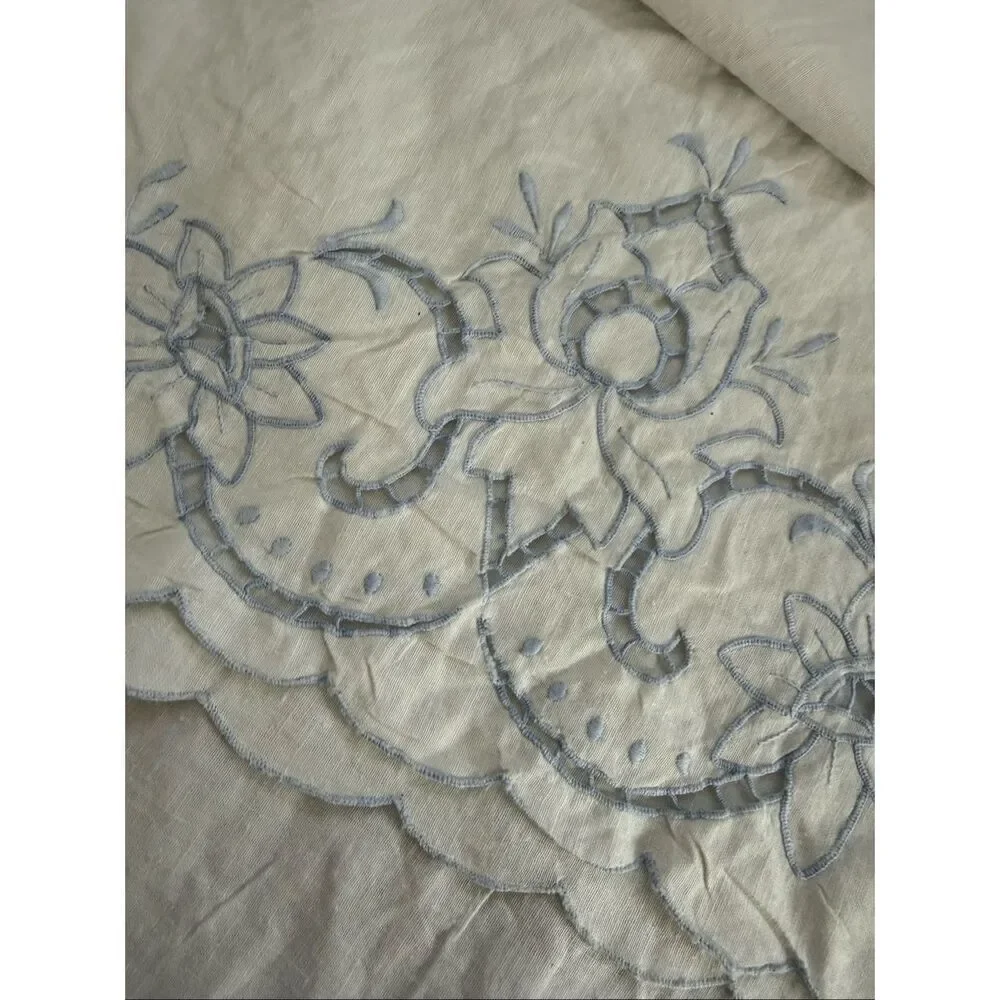 2 Vintage Queen Size Pillowcases Blue Edged Battenburg Lace Detail Scalloped End